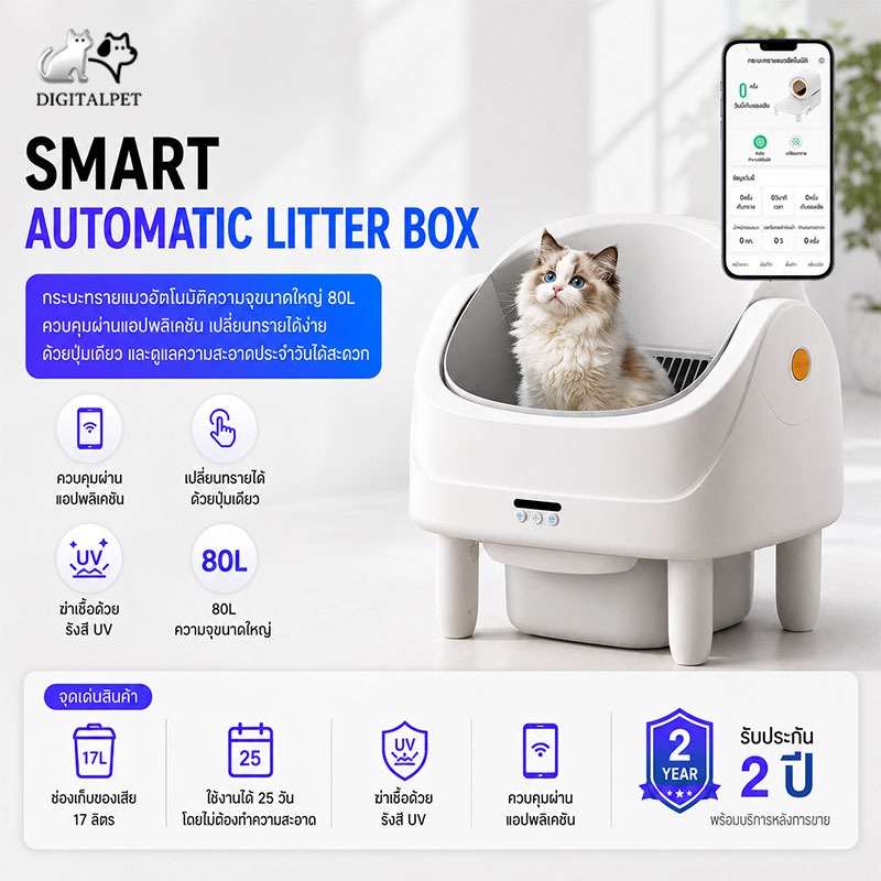 Automatic Cat litter box เชื่อมแอปได้ ความจุขนาดใหญ่ 80L ห้องน้ำแมวอัจฉริยะ ห้องน้ำแมวอัตโนมัติ ห้องน้ำเเมวแบบอัตโนมัติ