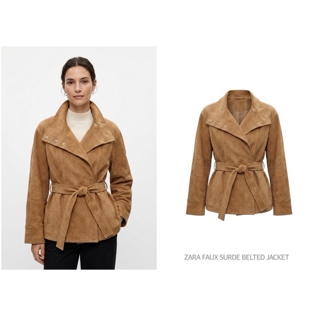 ZARA เสื้อแจ็คเก็ตหนังกลับ คอสูง กันหนาว FAUX SURDE BELTED JACKET (B0702)