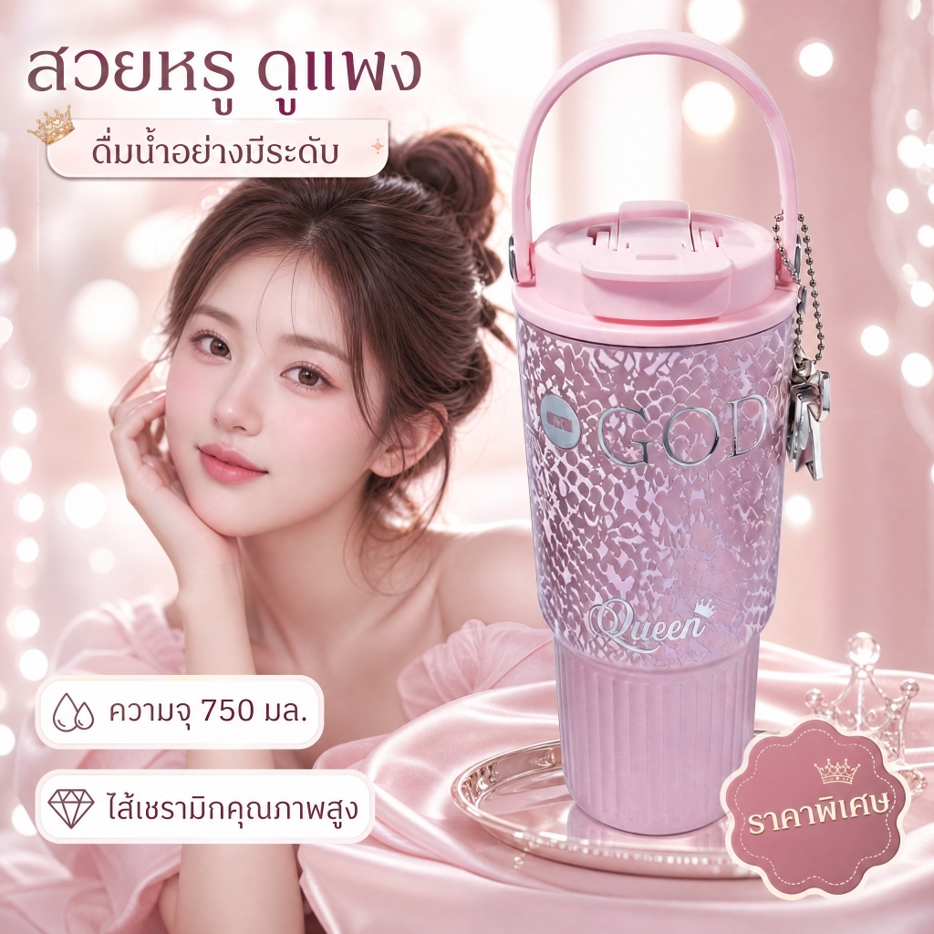 แก้วเก็บความเย็น 750ml ไส้เซรามิกแท้ ดีไซน์หรู แก้วกาแฟพกพา ดื่มได้ 2 แบบ พร้อมหลอดและพวงกุญแจ