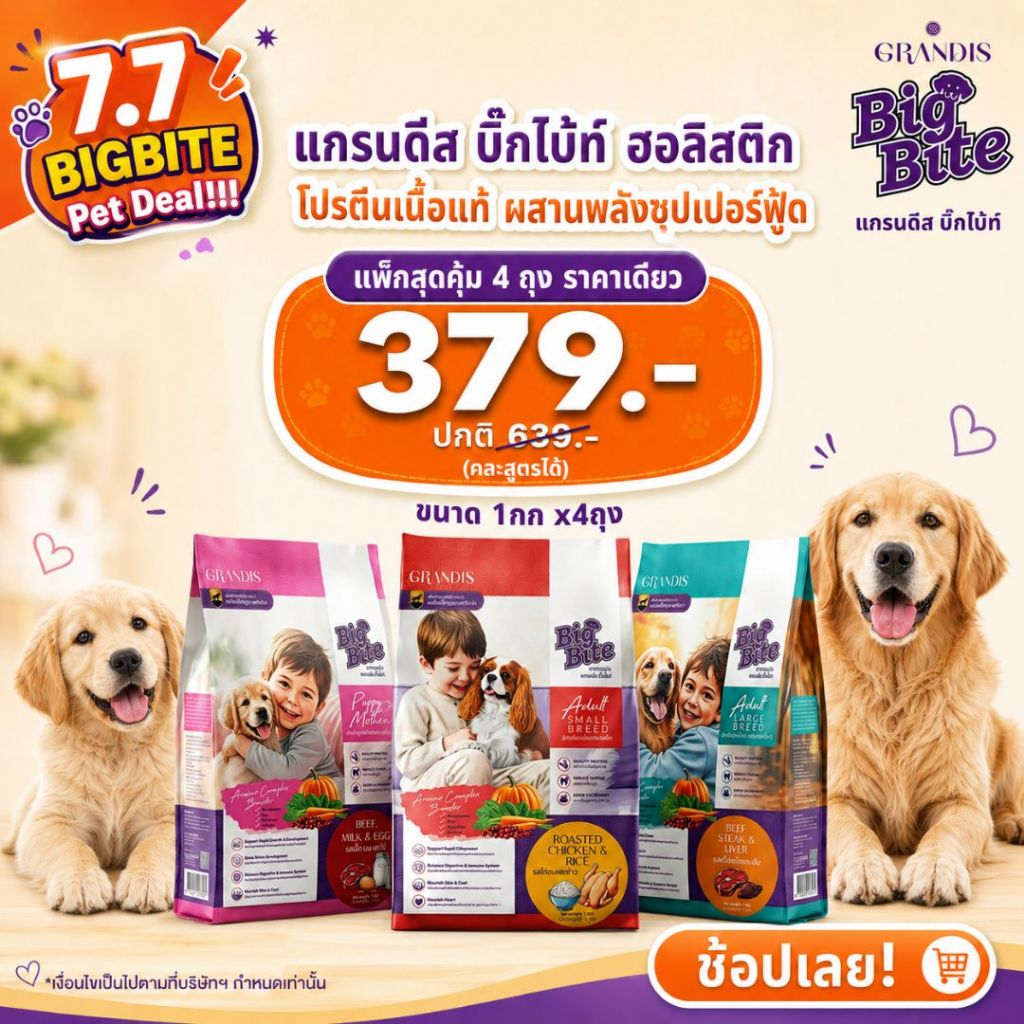 [สุดคุ้มซื้อ 4ถุง ราคาเดียว] อาหารสุนัข แกรนดีสบิ๊กไบ้ท์ 1kg ฮอลิสติก เกรดพรีเมี่ยม GRANDIS BIGBITE