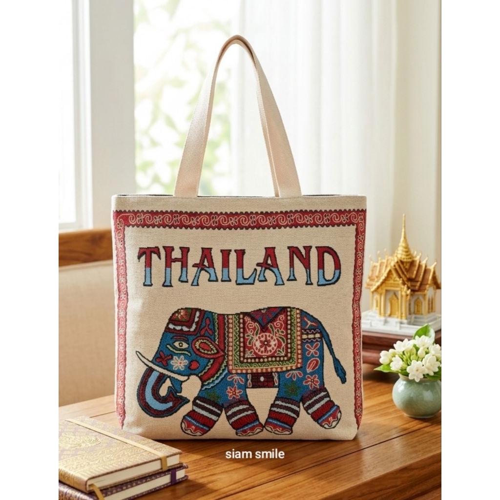 กระเป๋าผ้าแคนวาส ลายช้างไทยงานแฮนด์เมด ทุกใบ มีอักษร " Thailand " Thai Elephant Tote Bag." thailand "size 35x35cm