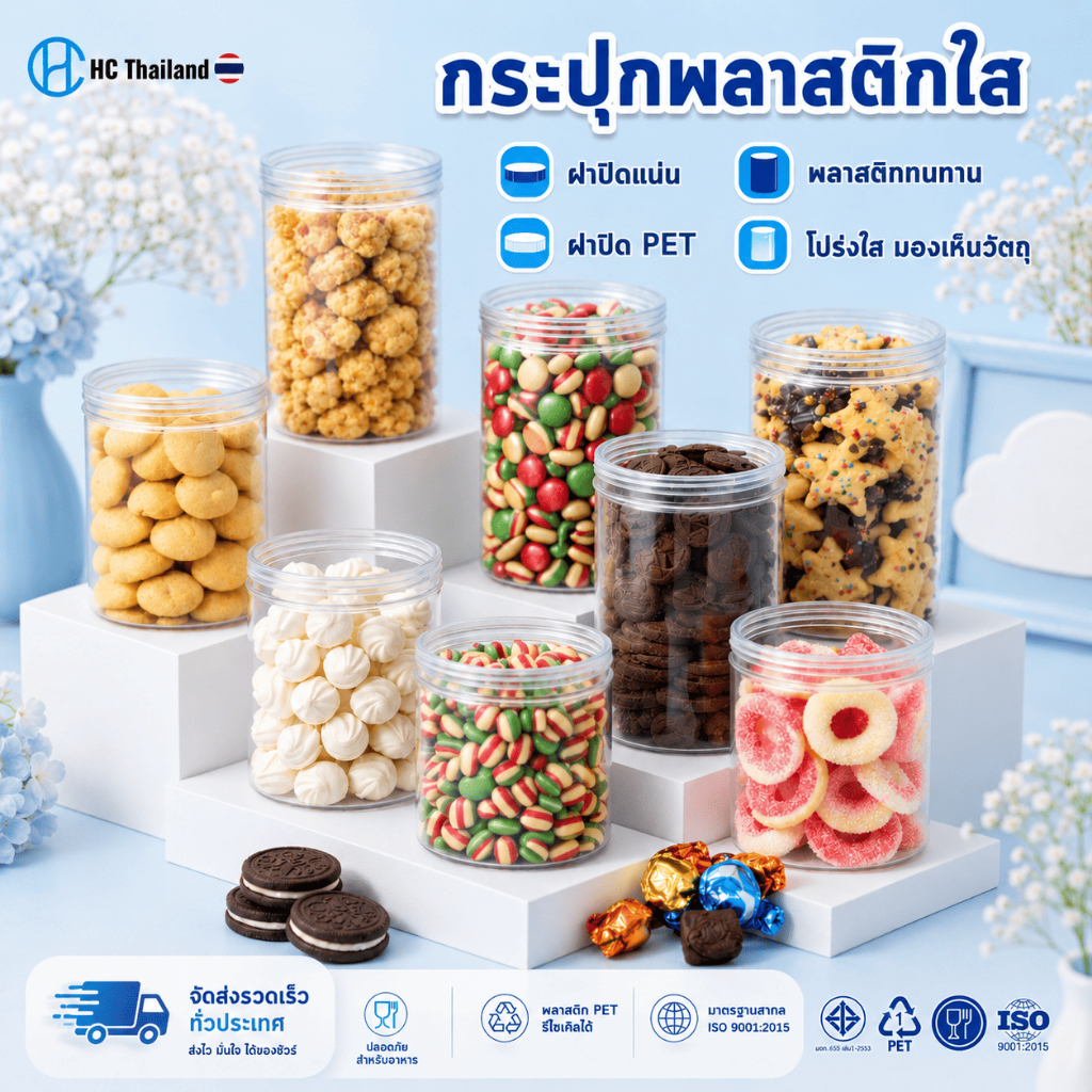 กระปุกคุกกี้ กระปุกใส่ขนม กระปุกพลาสติกPET 80mm ทรงกลม series300 I ฟรีแผ่นโฟม I ฝาเกลียว (50ใบ)