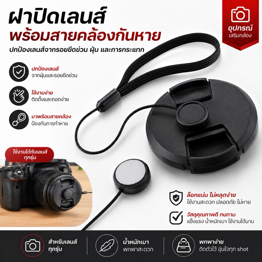สายคล้องฝาเลนส์ สีดำ สามารถดึงได้