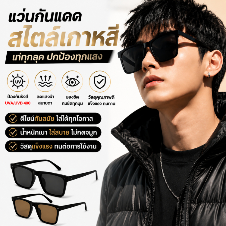 แว่นกันแดดทรงสี่เหลี่ยม Polarized UV400 แว่นกันแดดผู้ชาย แฟชั่นเกาหลี กันUV กันแสงสะท้อน ใส่สบาย