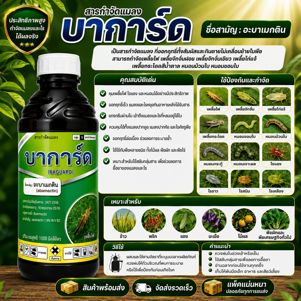 บาการ์ด อะบาเมกติน1.8%W/V EC น้ำใสสูตรเย็น ขนาด 1 ลิตร กำจัดหนอน เพลี้ยไฟ เพลี้ยไก่แจ้ เพลี้ยกระโดด
