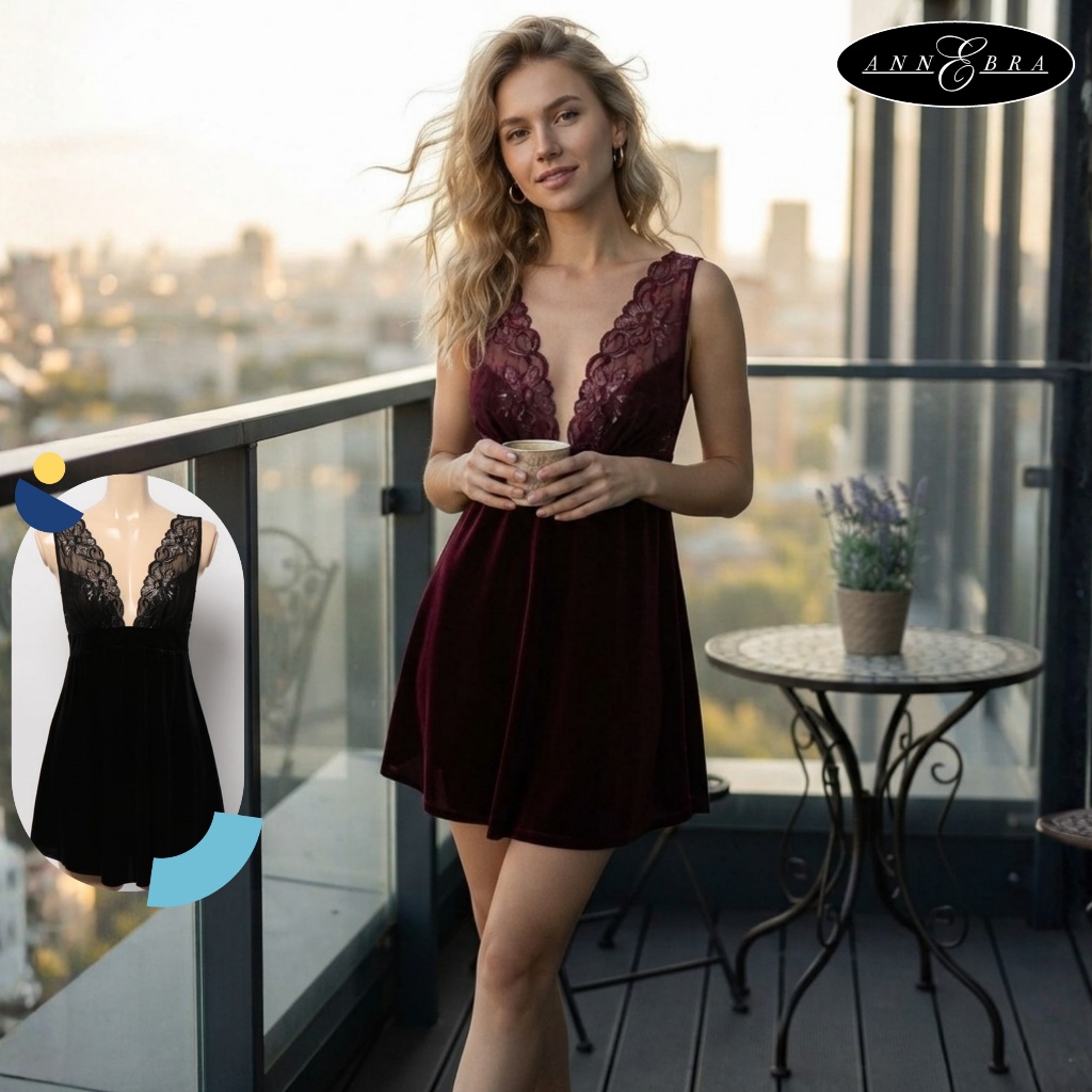 Annebra ชุดนอน แขนกุด ผ้าลูกไม้แต่งผ้ากำมะหยี่ และกางเกงเข้าเซต Velvet Babydoll Nightdress Set รุ่น AN8-712