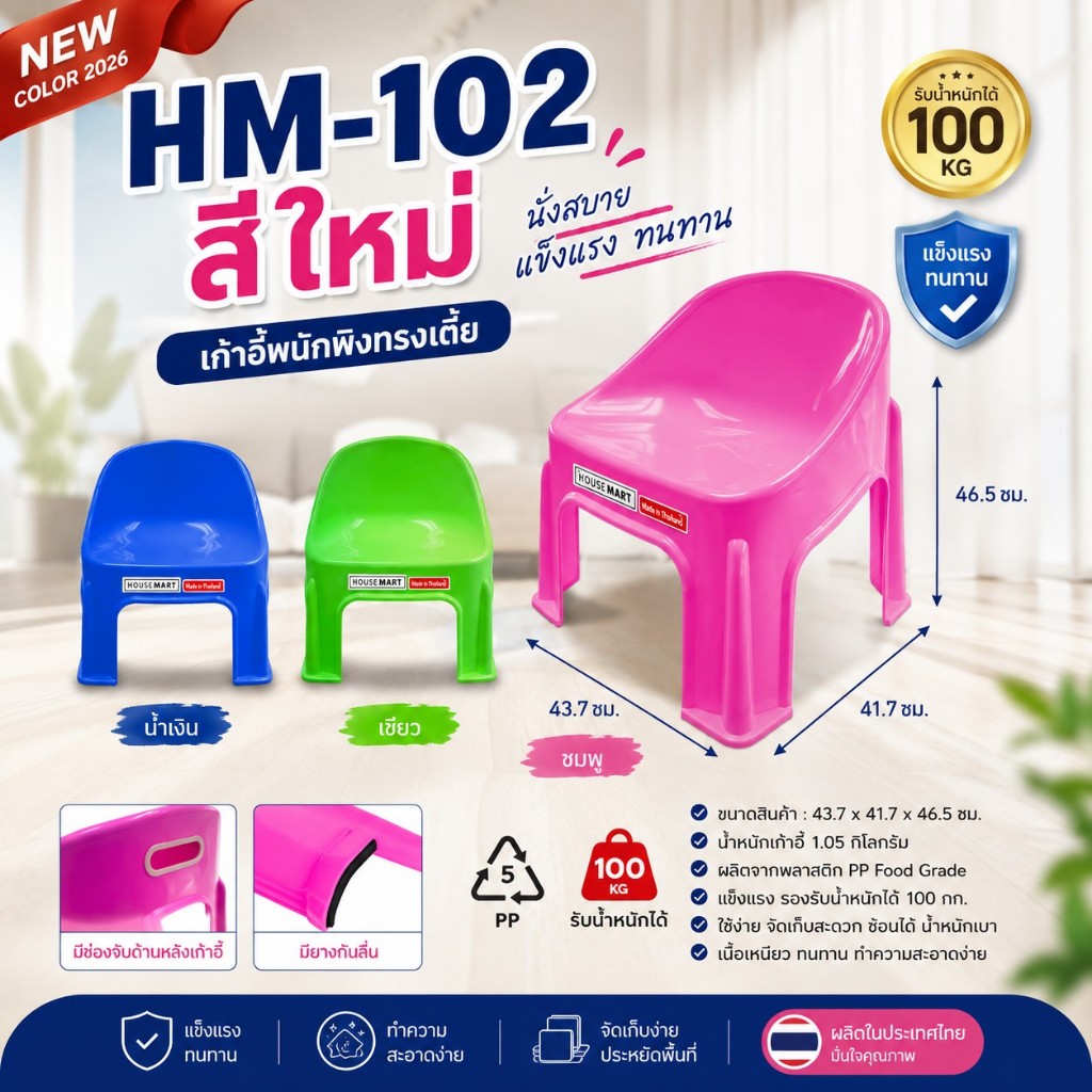 HM-102 เก้าอี้พลาสติกทรงเตี้ยมีพนักพิง ( พร้อมส่ง )