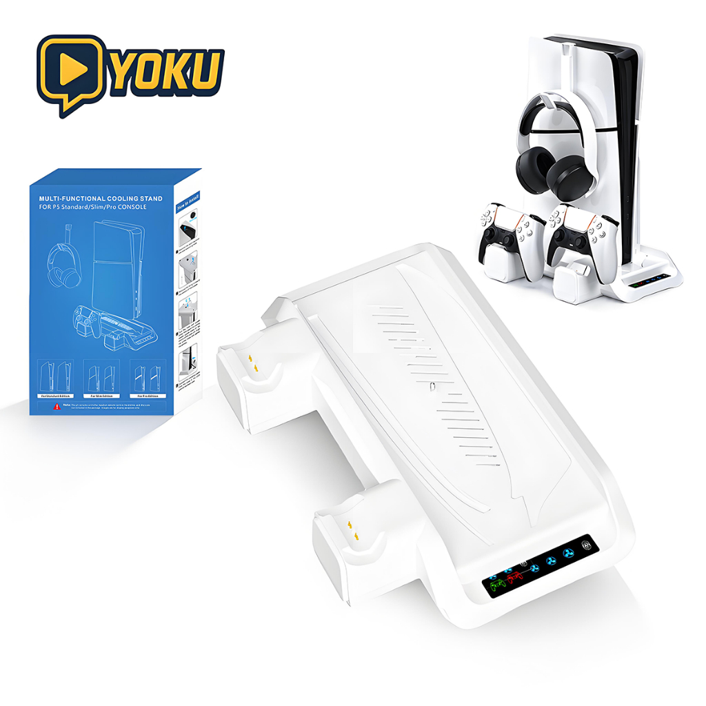 PS5/Slim/Pro แท่นระบายความร้อนสำหรับเครื่องเกม แท่นชาร์จแบบรองรับทุกรุ่นสำหรับจอยคอนโทรลเลอร์ PS5 Eliteพร้อมที่แขวนหูฟัง
