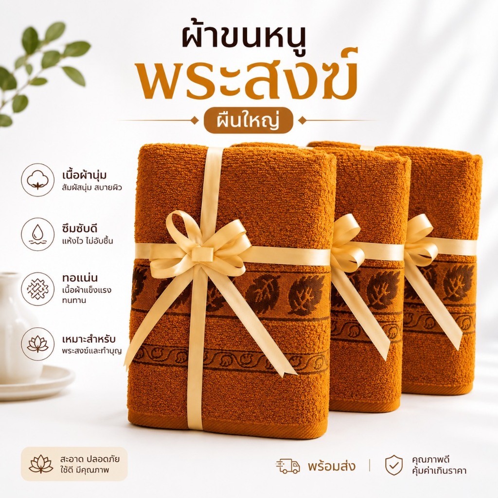 ผ้าขนหนู พระสงฆ์ ตราใบโพธิ์ ( ผืนใหญ่ ) สำหรับถวายพระภิกษุสงฆ์ ขนาด30x60นิ้ว