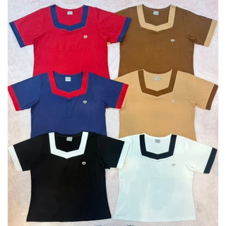 ย 17 เสื้อยืดคอห้าเหลี่ยมเย็บติดเหล็กสำหรับสาวอวบ ผ้าคอตตอนยูนิโคล่า