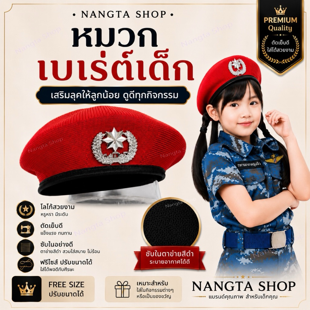 Nangta Shop : หมวกเบเร่ต์เด็ก สีดำ & สีแดง ... พร้อมส่ง รูปที่ 5
