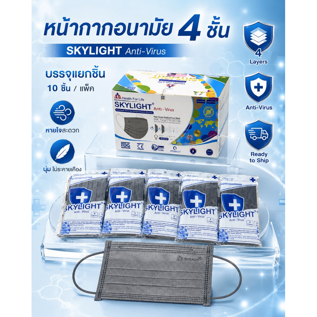 หน้ากากอนามัย(สีเทาเข้ม)กับ ( สีน้ำตาล)4 ชั้น เกรดการแพทย์ skylight เวียดนาม หนากว่าปกติ 1กล่อง50ชิ้น