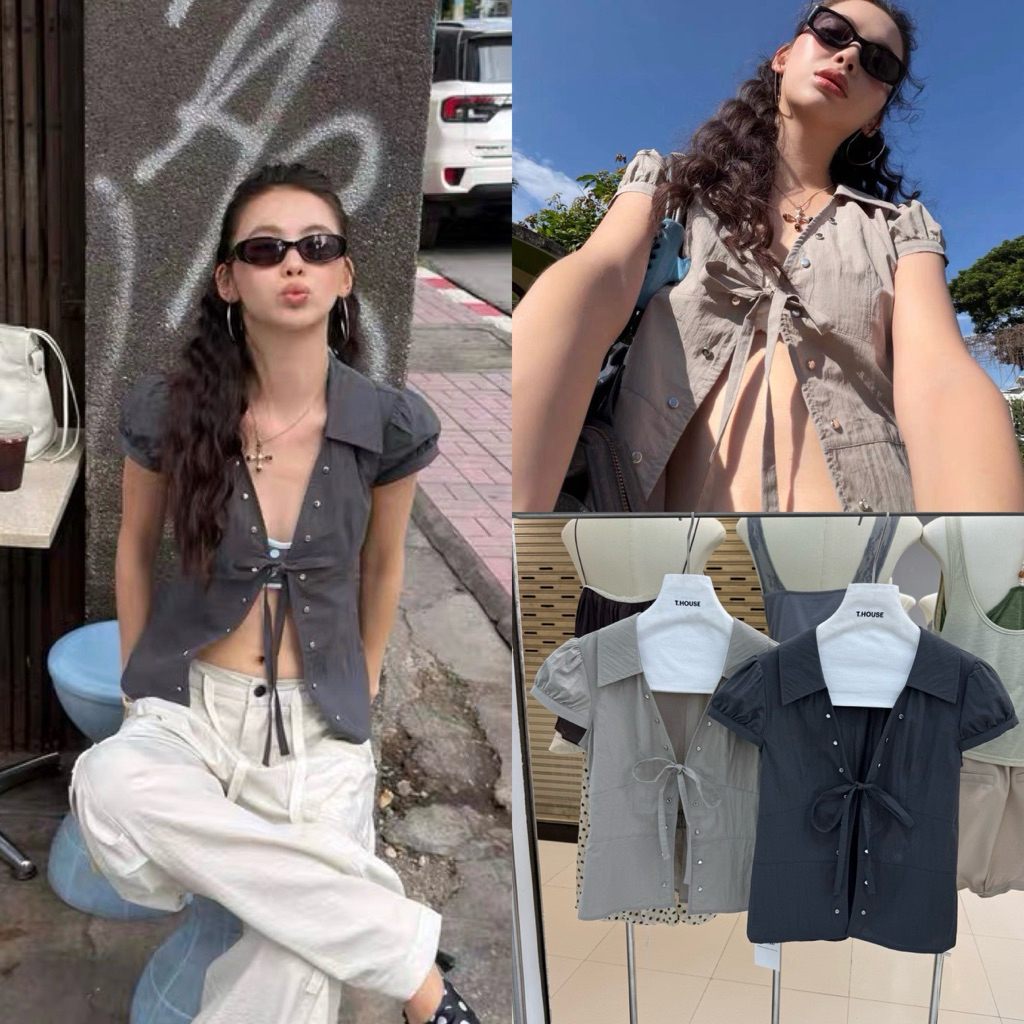 ส่งด่วน 🛵 26C378 MMFISH เสื้อคอปกทรงสวย แขนตุ๊กตาน่ารัก แต่งหมุดเพิ่มดีเทล ผูกโบหน้า