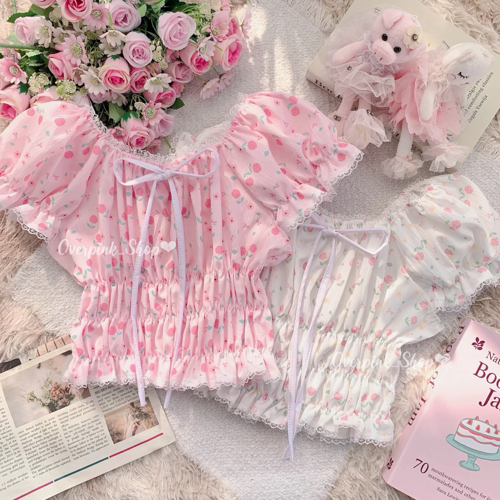 🌸OVP🌸 เสื้อลายดอกกุหลาบ แขนตุ๊กตาดอลลี่เล็ก แต่งลูกไม้สม็อคเอว เสื้อครอป (7)