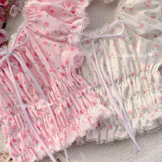 🌸OVP🌸 เสื้อลายดอกกุหลาบ แขนตุ๊กตาดอลลี่เล็ก แต่งลูกไม้สม็อคเอว เสื้อครอป (7)