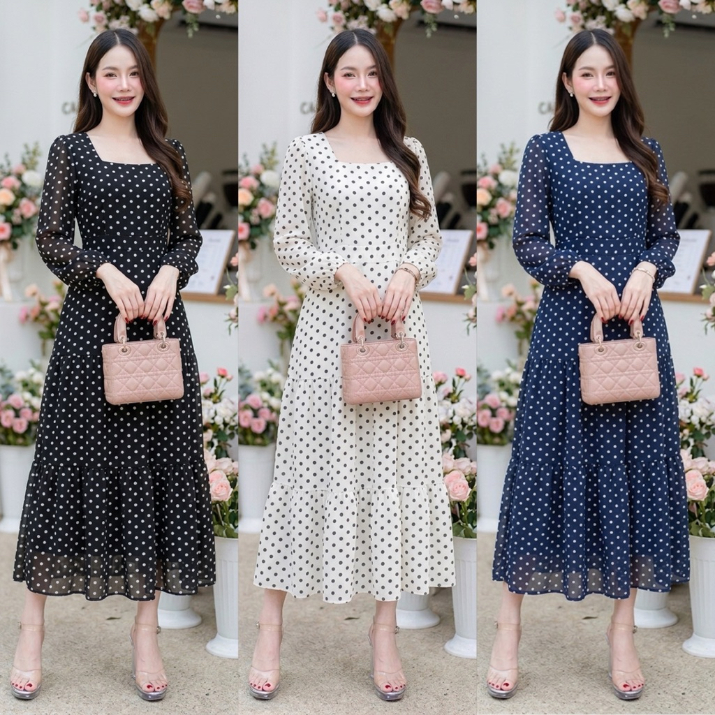 ชุดเดรสผ้าชีฟองเดรสยาวรหัสสองส่วนเก้าเคาะเหลี่ยมแขนยาวกระโปรงขนมชั้นลายโพกาดอท