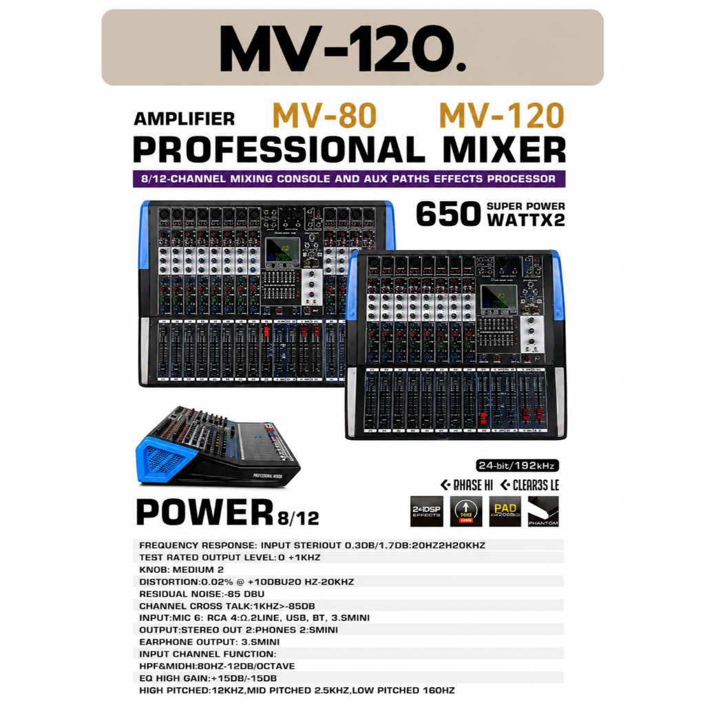 JSM MV-120 เพาเวอร์มิกเซอร์ 12 ช่อง 650Wx2 USB Bluetooth เอฟเฟกต์ 24Bit/192kHz EQ 7 Band