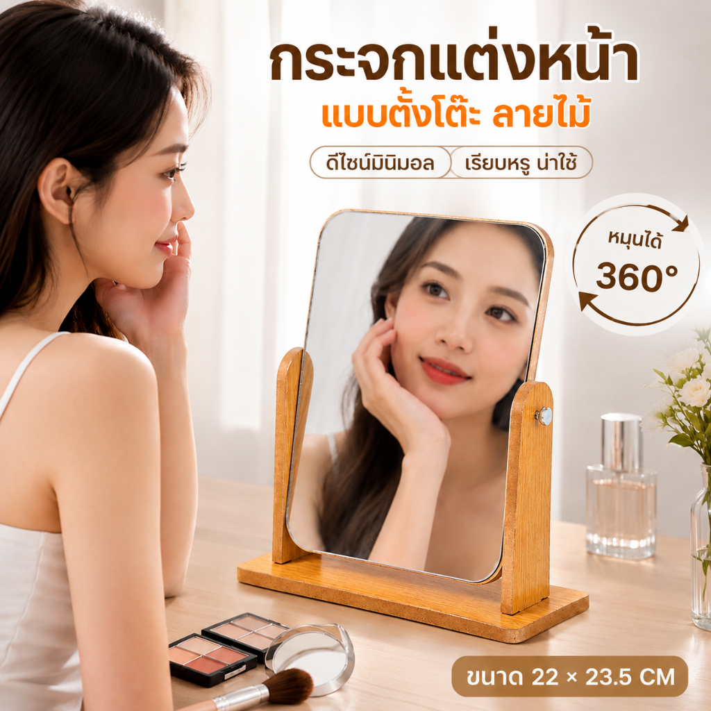 กระจกแต่งหน้าแบบตั้งโต๊ะ หมุนได้ 360° กระจกใสไม่บิดเบือน ฐานลายไม้ ขนาด 22×23.5 ซม.