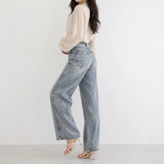FLAER Denim Studio กางเกงยีนส์ผู้หญิงเอวสูง ทรงขาโค้ง ขากว้าง สีกรมวินเทจ ทรงหลวม พรางหุ่น ใส่สบาย