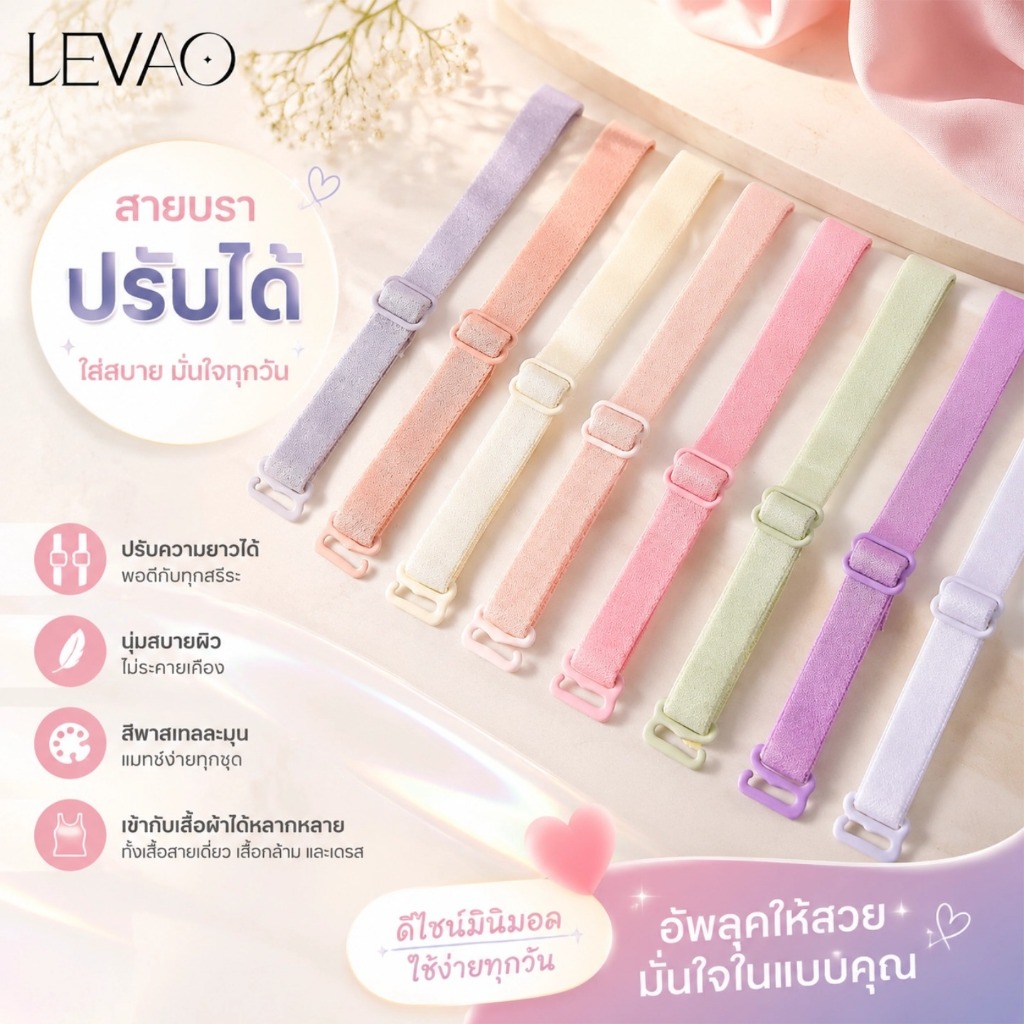 LEVAO สายบราผ้า สีสันสดใส ปรับได้ กันลื่น ยืดหยุ่น ถอดเปลี่ยนได้ ไม่กดไหล่ ใส่กับเดรส เสื้อสายเดี่ยว