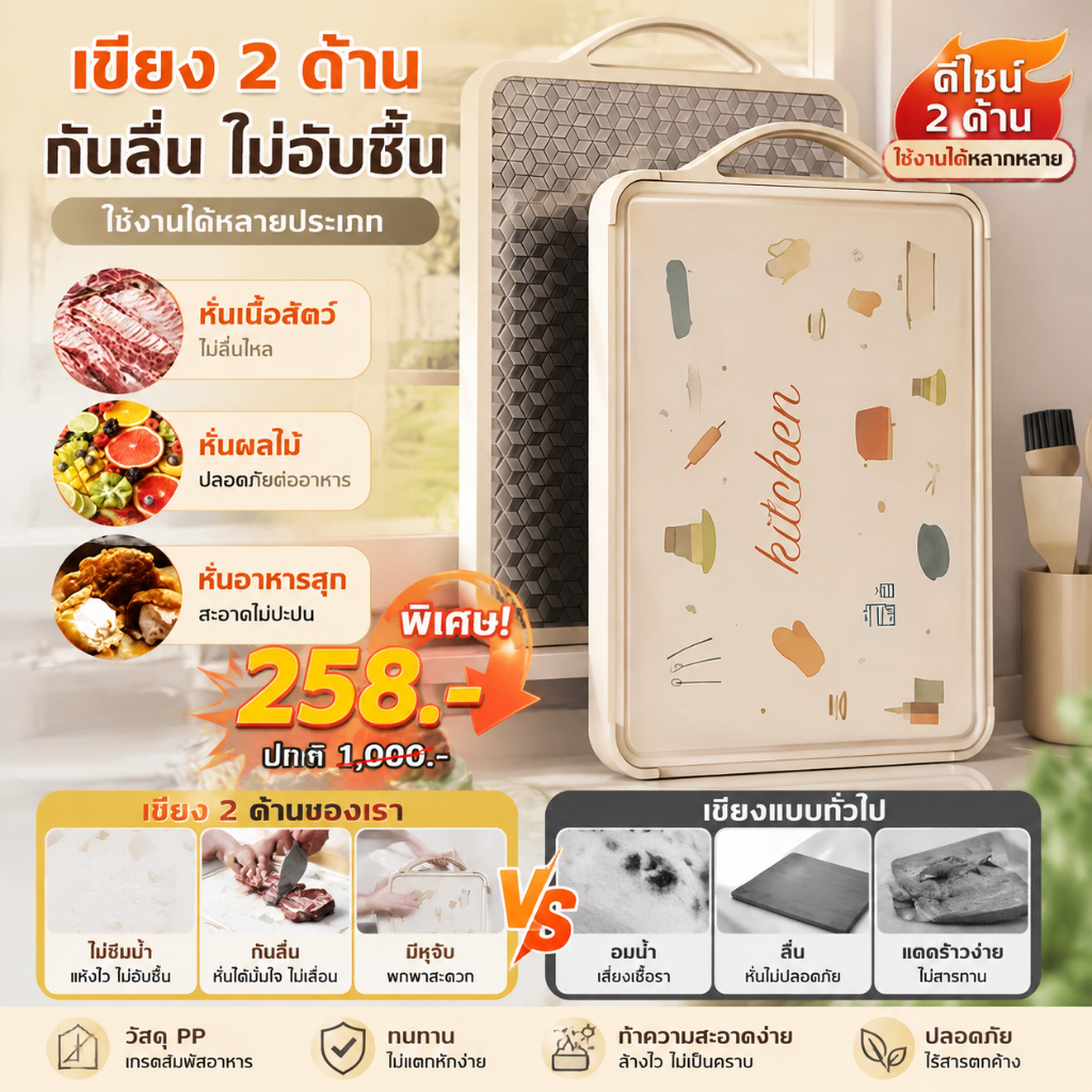 🍴เขียงสองด้าน🍴316 เขียงสแตนเลส กันเชื้อแบคทีเรีย แยกอาหารดิบและอาหารปรุงสุกออกจากกัน เขียงเขียงพล ป้องกันเชื้อรา 99.9%