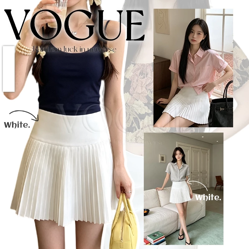 Vogue🌟พร้อมส่ง🌟 กระโปรงสั้นพลีทสีขาวเอวสูง ผ้ายืดไม่ย่น มีซับด้านใน สไตล์สาวมินิมอล (Z10)