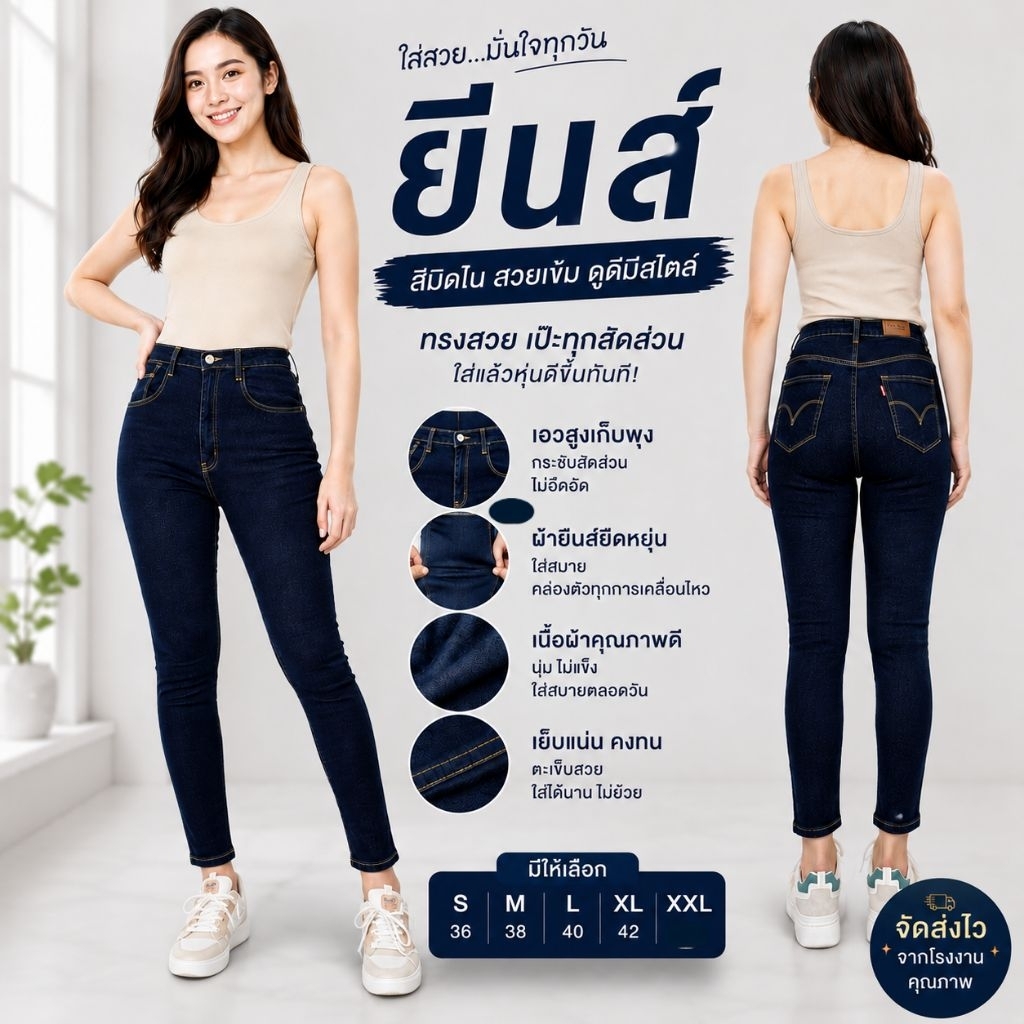 J-25 ยีนสีมิดไน ลายลี แบบซิป ลายแมค มีไซส์ S-42 นิ้ว ยีนส์สาวอวบ กางเกงยีนส์
