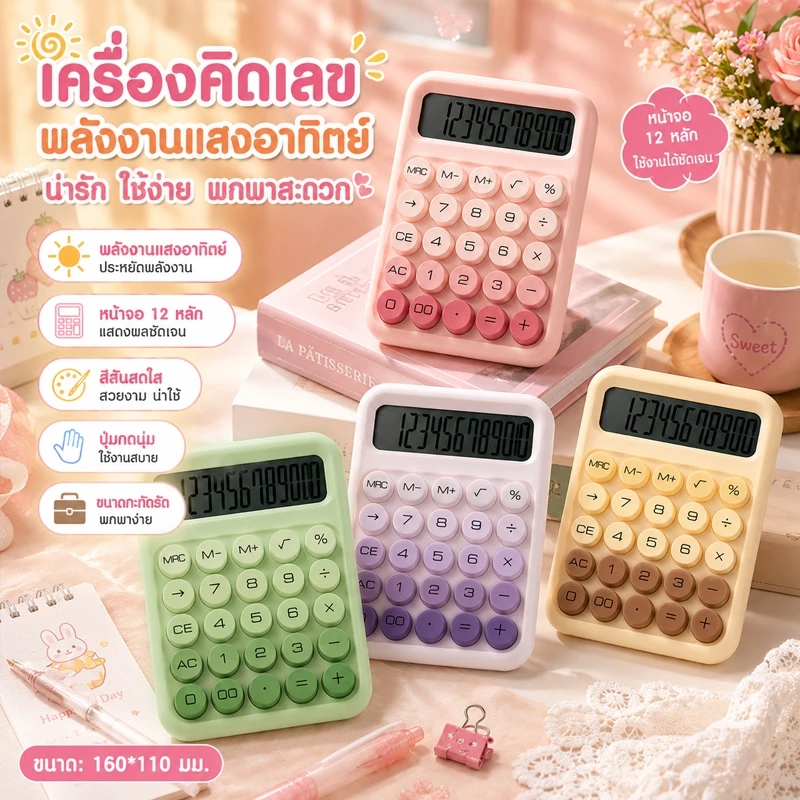 🔥พร้อมส่ง🔥เครื่องคิดเลข 12 หลัก หน้าจอขนาดใหญ่ จับคู่สีโดปามีน แป้นพิมพ์ทรงกลม เรียบง่าย มีสไตล์ เครื่องคิดเลขน่ารัก