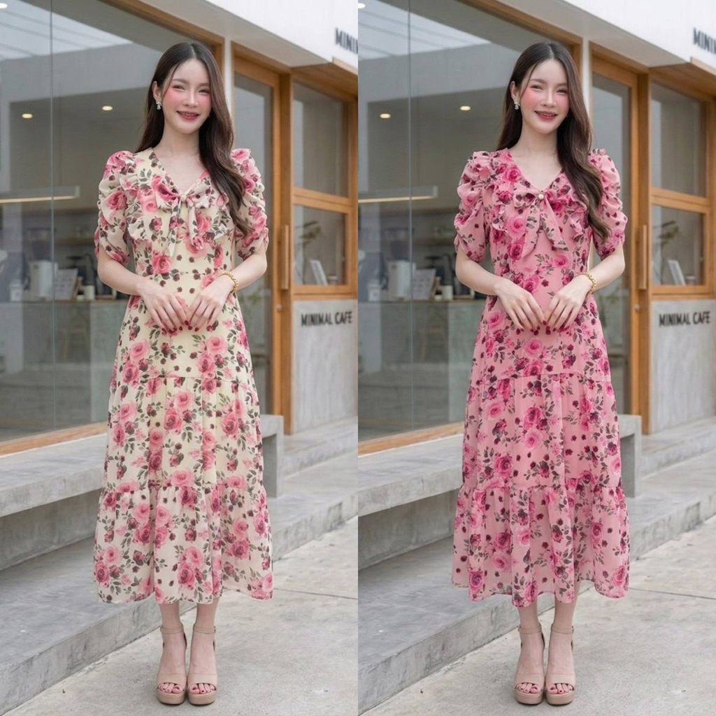 ชุดเดรสผ้าชีฟองรหัส 461 โบน่าแขนเจ้าหญิงกระโปรงขนมชั้นความยาว 48 นิ้วลายดอกกุหลาบ