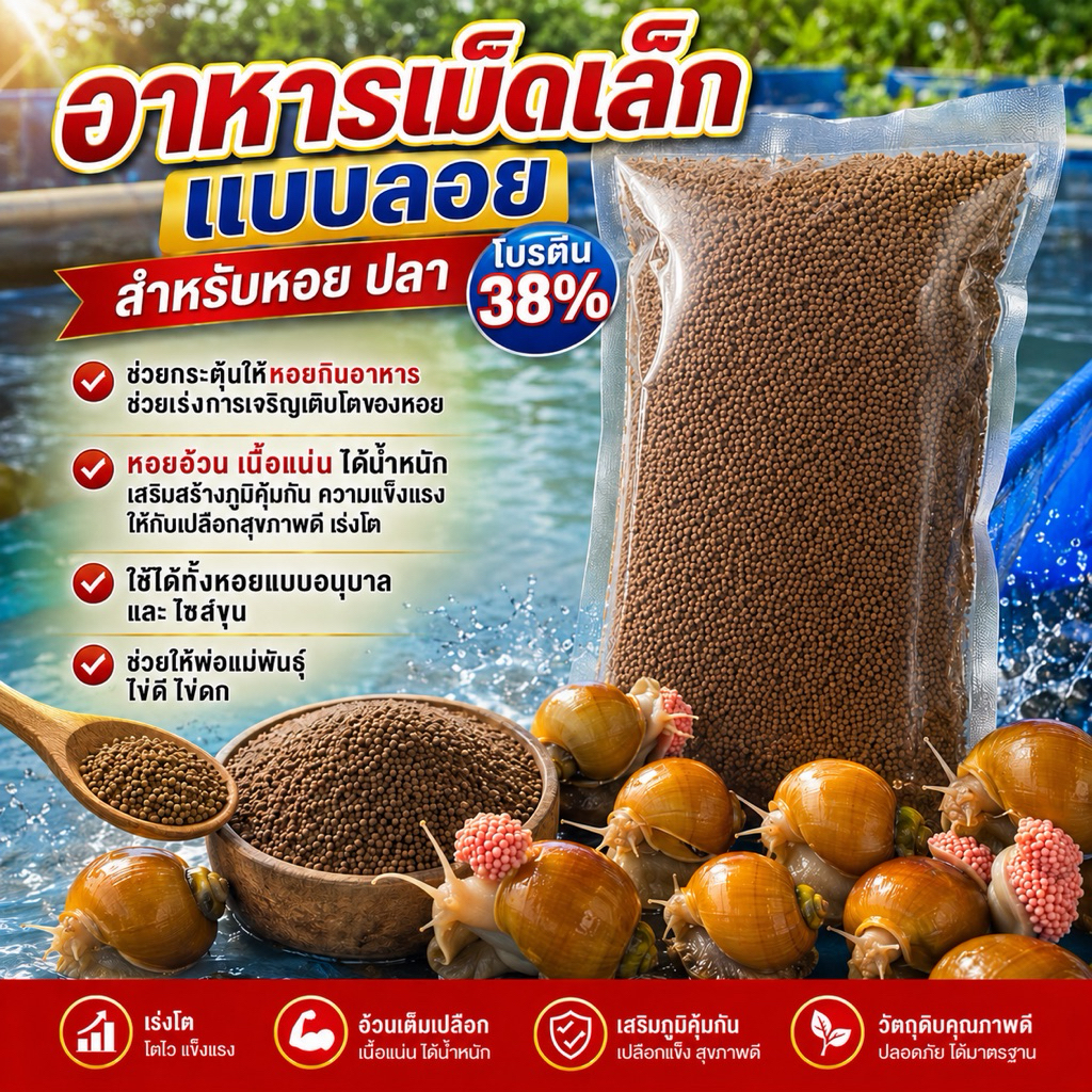 อาหารเม็ด หอย ปลา กบ แบบลอย โปรตีน 38%