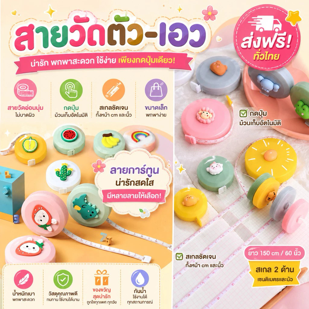 kingshoping (GG539)(ร้านไทย) สายวัดตัว-เอว คละลาย แบบมีปุ่ม ขนาด 150CM(อุปกรณ์ปรับปรุงบ้าน-เครื่องมือช่าง-ตลับเมตร)