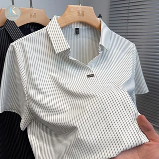kcloset - เสื้อโปโลผ้าไหมน้ำแข็งสำหรับผู้ชาย สไตล์เกาหลี แขนสั้น คอวี ลายทางแนวตั้ง