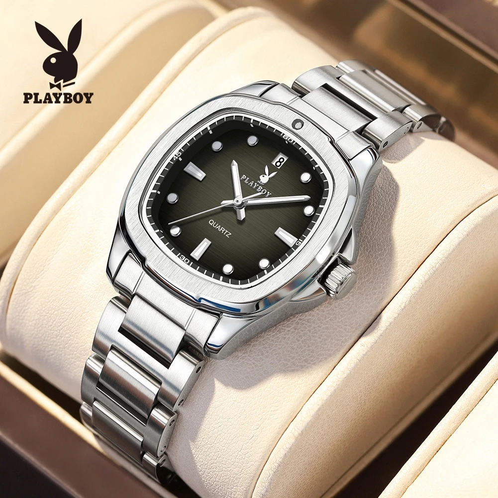 PLAYBOY นาฬิกา ผู้หญิง ต้นฉบับ กันน้ำ 100% แถบสแตนเลส แฟชั่น สีดำ หน้าปัดสแควร์ 3529H