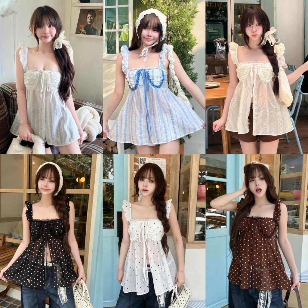 Jusmin : เสื้อสายเดี่ยวระบายแต่งขอบลูกไม้ ตีเกล็ดช่วงอก ทรงสวย
