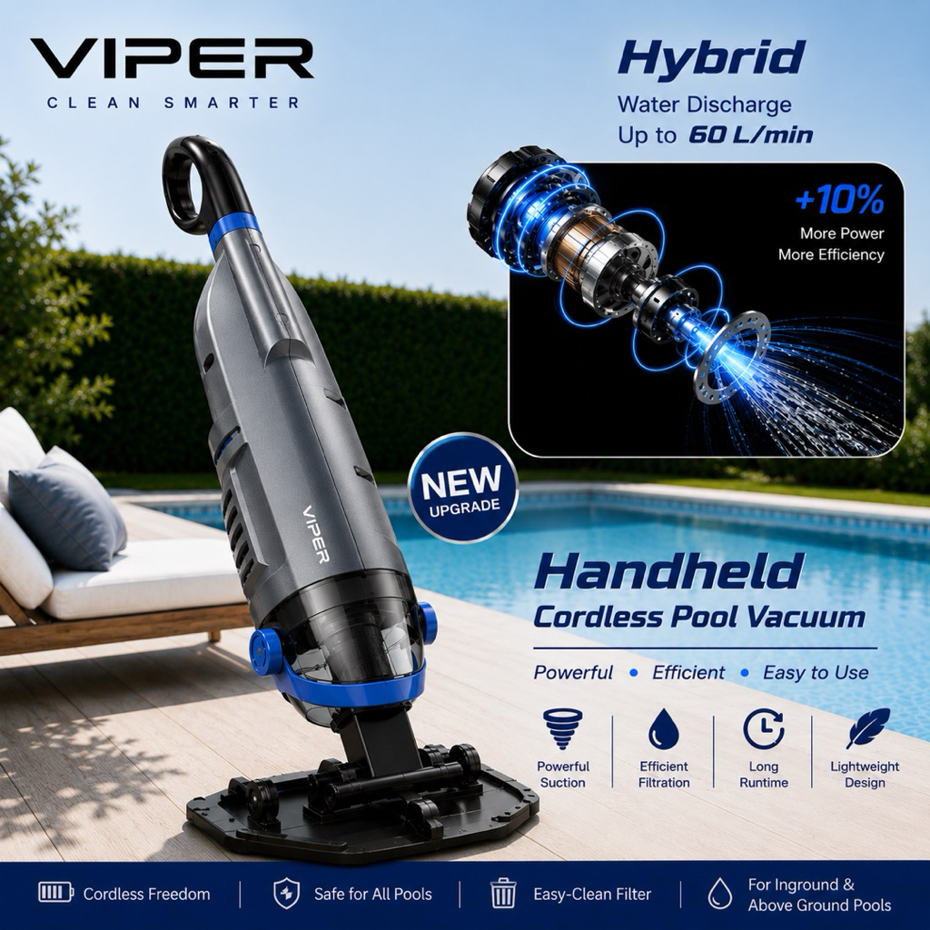 ไวเปอร์เครื่องทำความสะอาดสระว่ายน้ำ Hybrid, ดูดตะกอนและสิ่งสกปรกแบบไร้สาย มีแบตฯในตัว Hand-held Pool Vacuum Cleaner