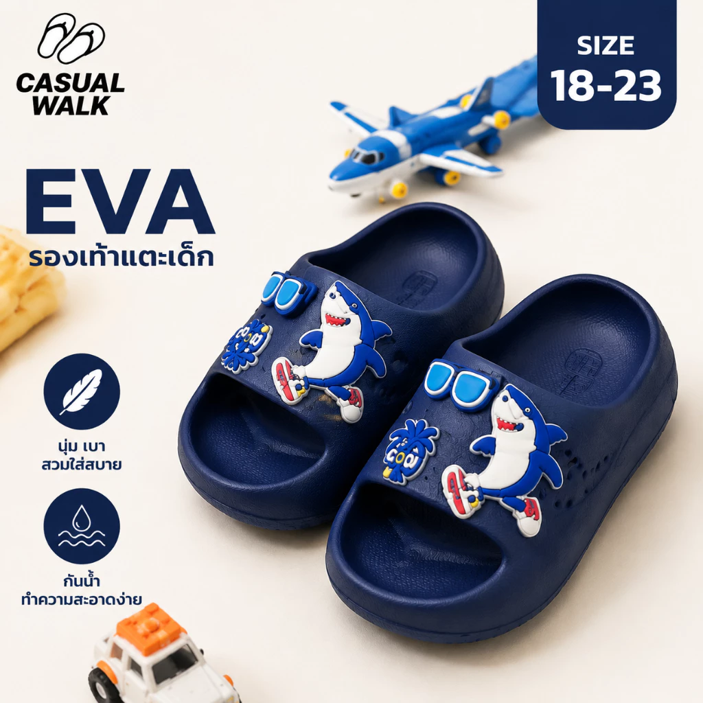 CASUALWALK🦈รองเท้าแตะเด็ก EVA กันน้ำ กันลื่น แห้งไว น้ำหนักเบา ใส่สบาย รองเท้าเด็กเล่นน้ำ ใส่เที่ยว ไซส์24-35