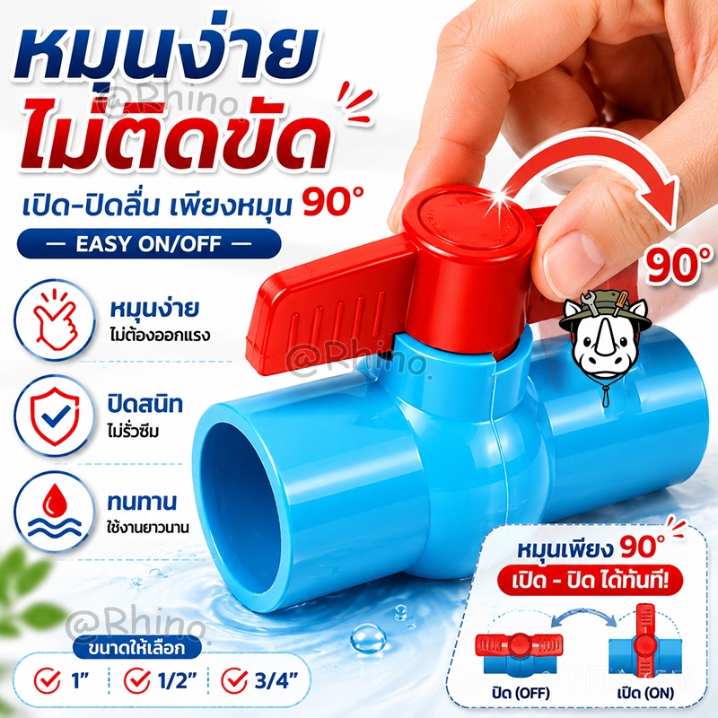 วาล์วปิดน้ำ PVC ทรงบอลวาล์ว (Ball Valve) หนา แข็งแรง ทนแรงดันสูง ใช้กับท่อประปา ช่วยหยุดปัญหารั่วซึม ได้หลายขนาด