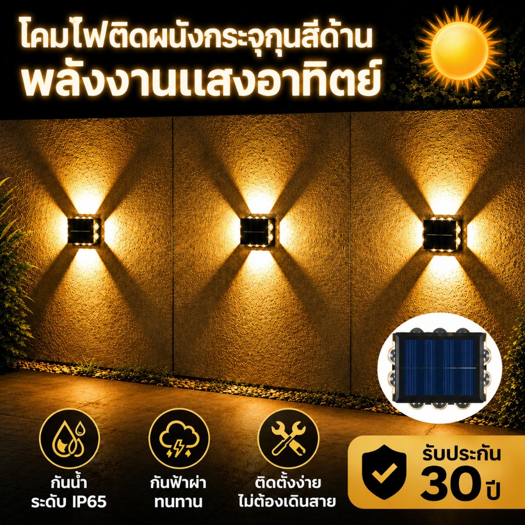 MeeDa ไฟโซล่าเซลล์ ไฟผนังโซล่าเซลล์ โคมไฟติดผนัง 10/14LED โคมไฟติดผนังภายนอก ติดผนัง ติดรั้วบ้าน เพิ่มความสวยงาม