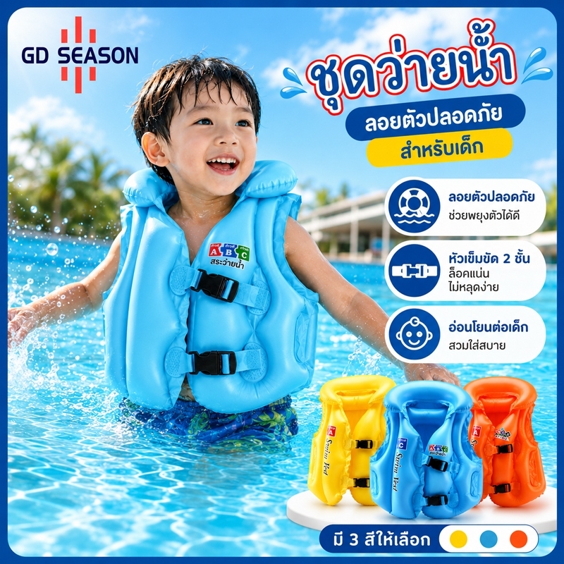 GD SEASON เสื้อชูชีพเป่าลมเด็ก PVC ปลอดภัย ขนาด S/M/L สำหรับว่ายน้ำและเที่ยวทะเล