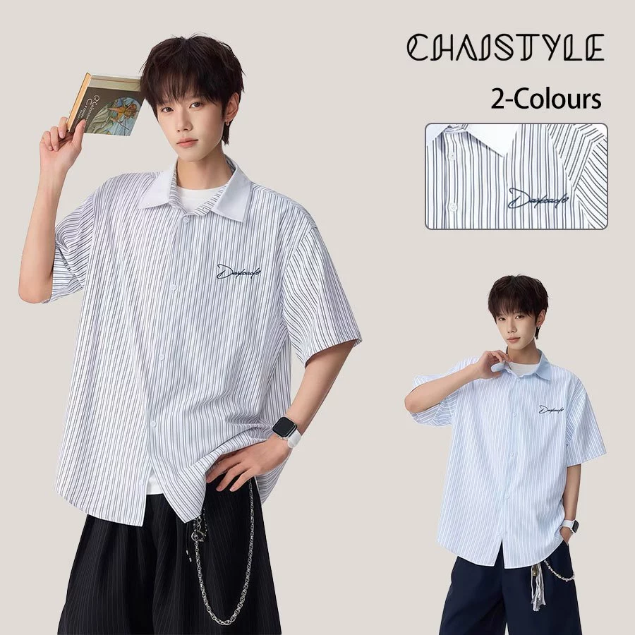 Chaistyle ลายทางตัดสี เสื้อเชิ้ต ฤดูร้อน หลวมสบาย แขนสั้น แบบอเมริกัน เทรนด์ ผ้าบางเบา สไตล์สตรีท ใส่ได้ทั้งชายและหญิง