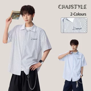 Chaistyle ลายทางตัดสี เสื้อเชิ้ต ฤดูร้อน หลวมสบาย แขนสั้น แบบอเมริกัน เทรนด์ ผ้าบางเบา สไตล์สตรีท ใส่ได้ทั้งชายและหญิง