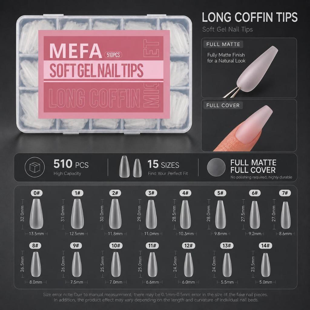 MEFA เล็บปลอมกด ขนาดกลาง 510 ชิ้น｜ทรงอัลมอนด์ ผิวด้าน เหมาะสำหรับคุณภาพพรีเมียม ปกปิดได้เต็มที่