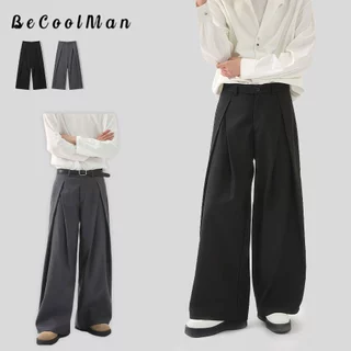 💥BecoolMan💥สไตล์เกาหลี ทรงกระบอก กางเกงผู้ชาย พับสามมิติ กางเกงสูท สีพื้น ความรู้สึกหรูหรา หลวมสบาย ลำลอง