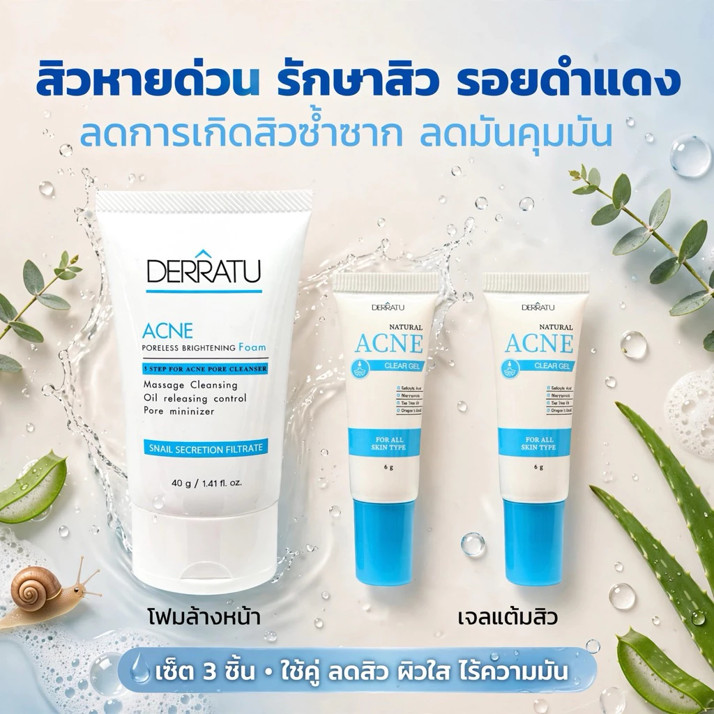 ชุดสิวหายด่วน (โฟม40g 1 แต้มสิว 2) DERRATU สิวอุดตัน สิวอักเสบ รอยดำสิว