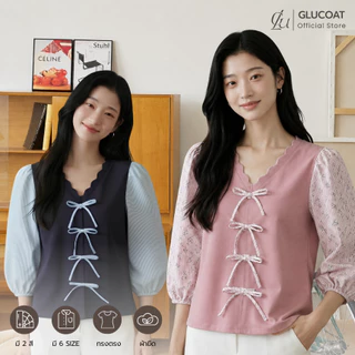 Glucoat | [A767/A798] เสื้อยืดแขนยาวแต่งลาย คอวีขอบหยัก โบว์แต่งสำเร็จตรงกลาง