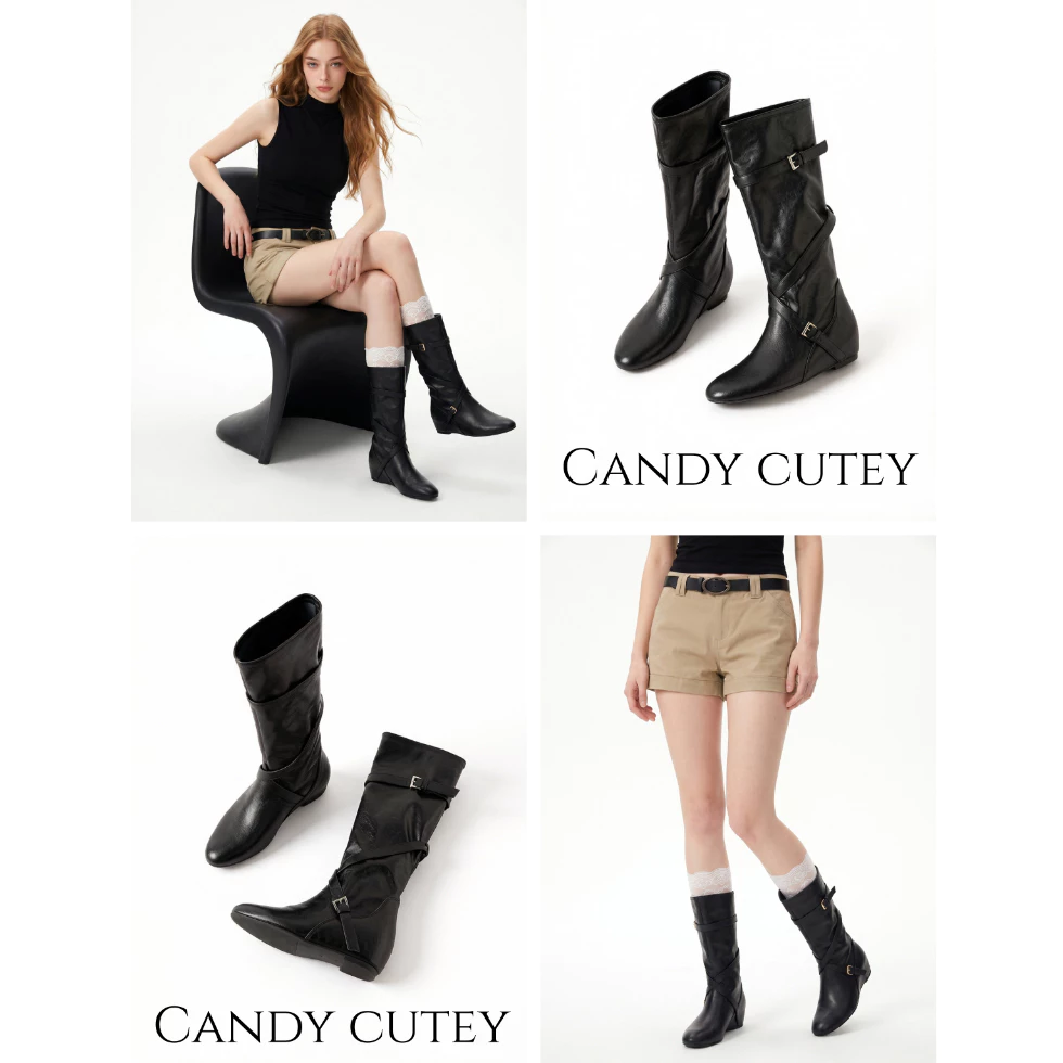 CandyCutey รองเท้าบู้ทยาวสไตล์เกาหลี ผู้หญิง ส้นเอียงนุ่ม ไม่ร้อนเท้า ดีไซน์ทำให้ขาดูยาว เข้ากับทุกชุดเสื้อผ้า