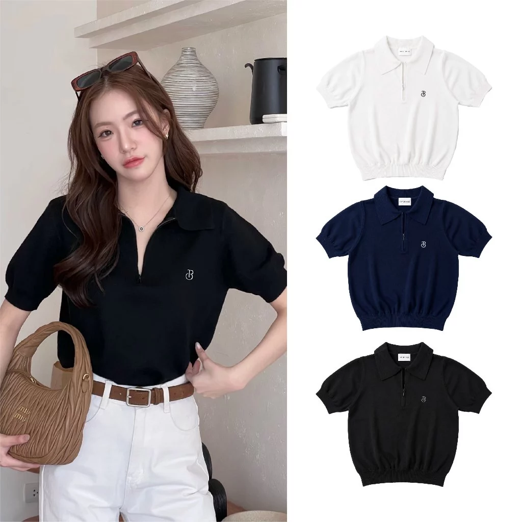 TOPBASIX - Zip Polo top เสื้อโปโล ผ้าไหมพรม