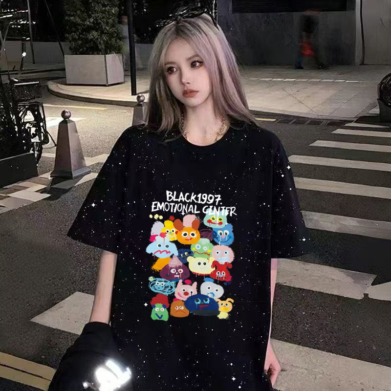 เสื้อยืดแขนสั้นแบบหลวมสวยๆผู้หญิงฤดูร้อนใหม่ oversize เสื้อผ้าสาวอวบไซส์ใหญ่ เสื้อโอเวอร์ไซส์สไตล์เกาหลี สกรีนลายวินเทจ