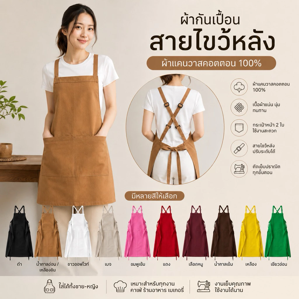 ผ้ากันเปื้อนสายไขว้หลังปรับระดับความยาวได้ #ผ้าแคนวาส