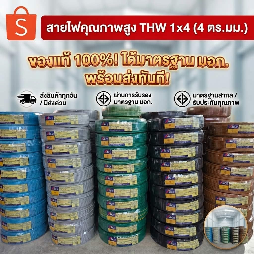 สายไฟTHW1x4 1ม้วน100 เมตร ร้านส่งสินค้าทุกวัน มีส่งด่วน